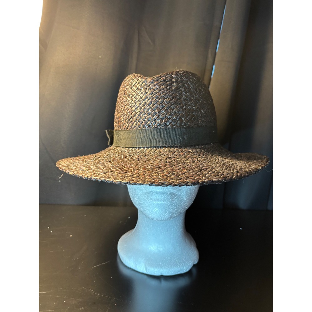 Classic Woven Straw Fedora Hat Dark Brown Grosgrain Ribbon Bow‎ Sun Hat